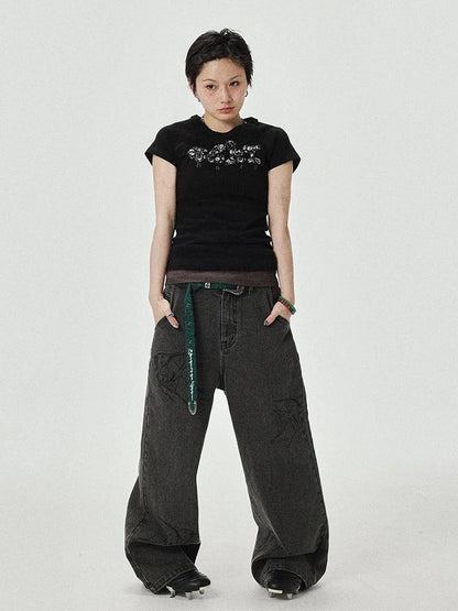 Vintage Grey Denim Trousers With Celestial Fish Print