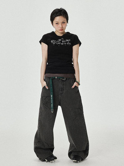 Achihara Vintage Grey Denim Trousers With Celestial Fish Print
