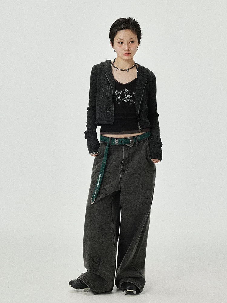 Achihara Vintage Grey Denim Trousers With Celestial Fish Print-5