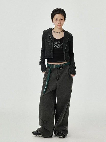 Achihara Vintage Grey Denim Trousers With Celestial Fish Print-5