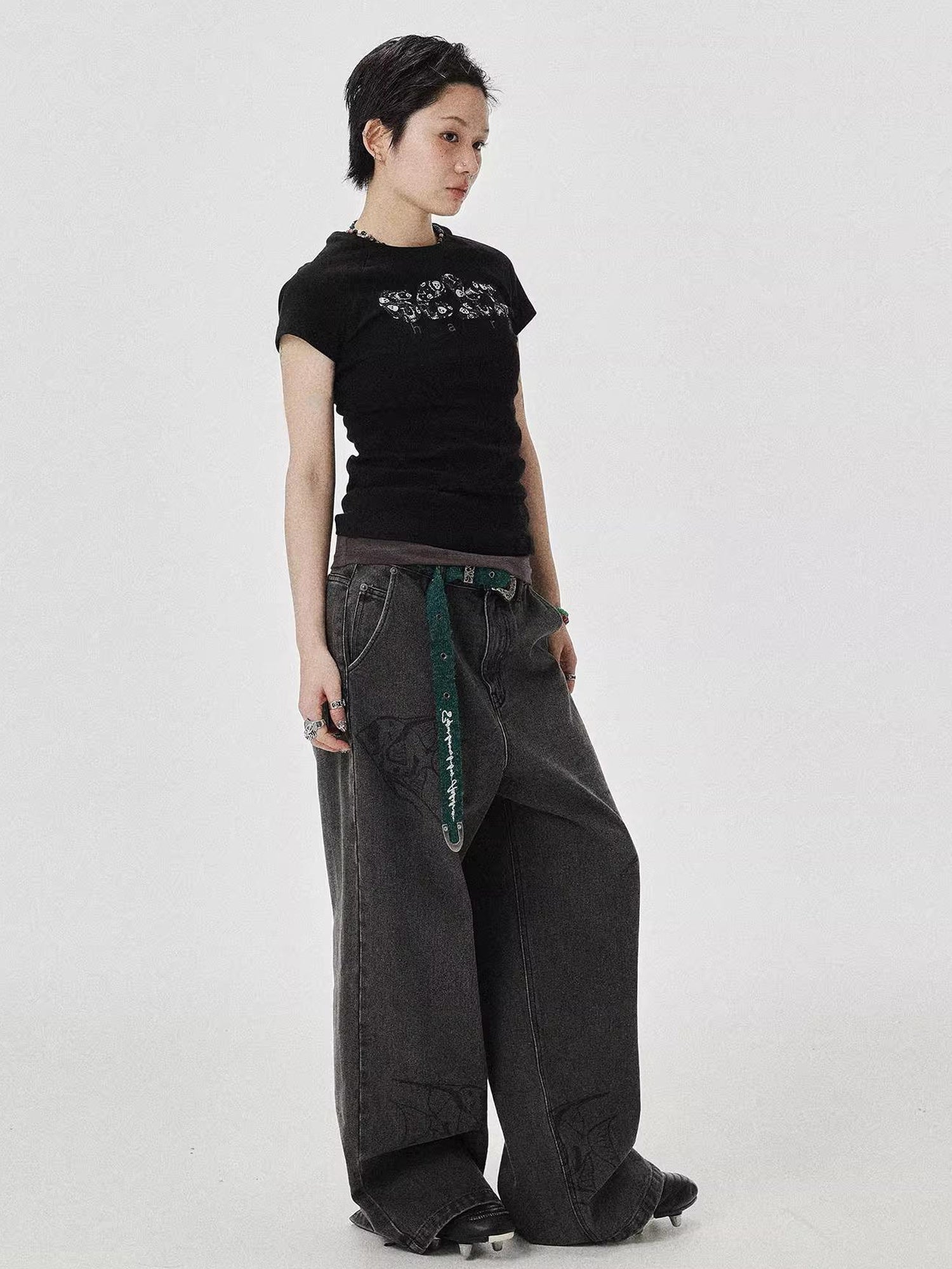 Achihara Vintage Grey Denim Trousers With Celestial Fish Print