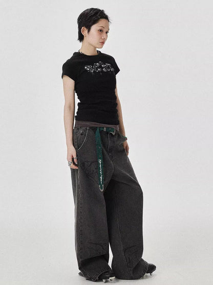Achihara Vintage Grey Denim Trousers With Celestial Fish Print