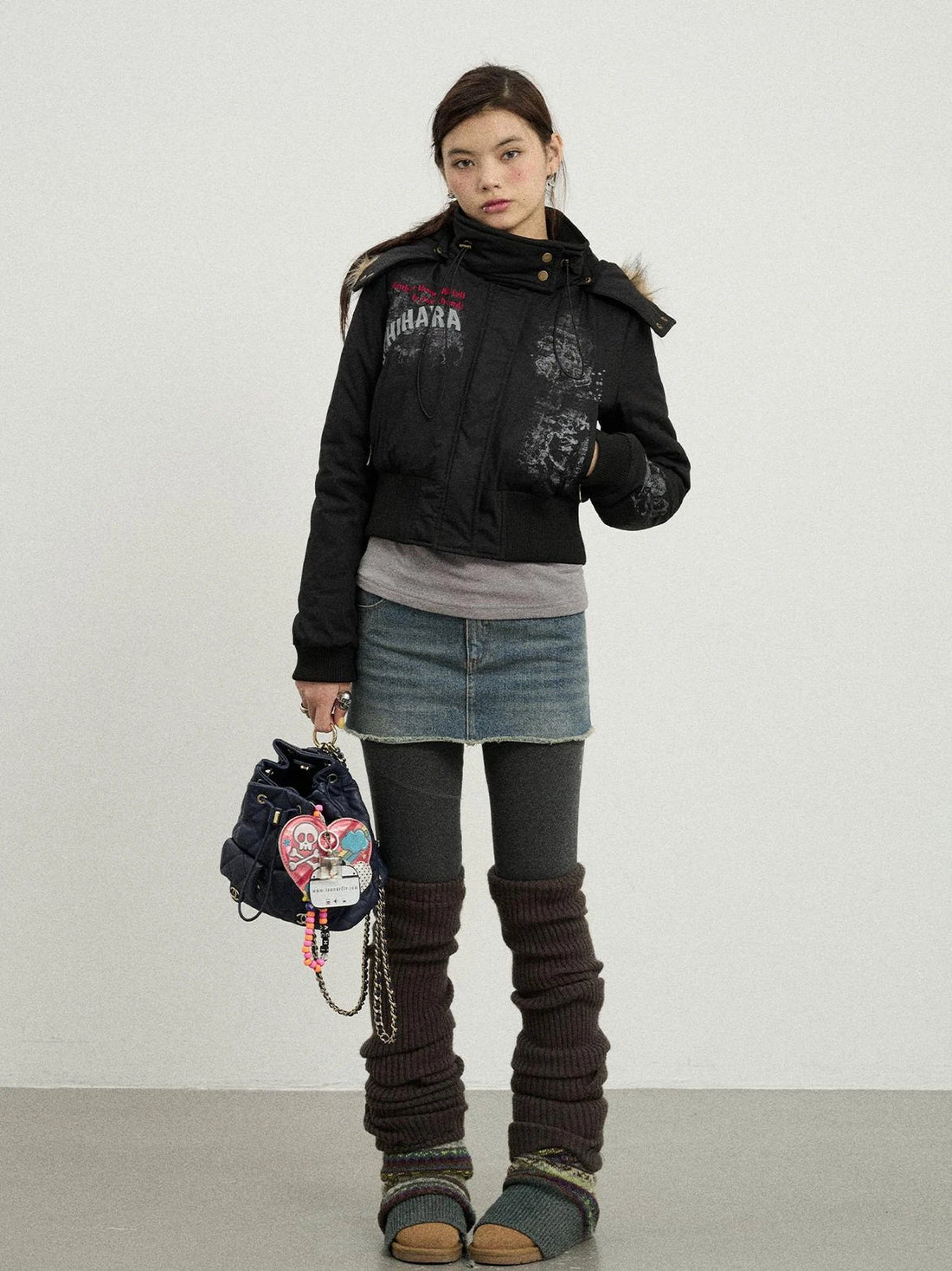 Vintage Han Stone Print Detachable Hood Puffer