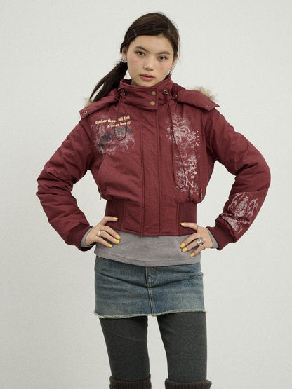 Achihara Vintage Han Stone Print Detachable Hood Puffer