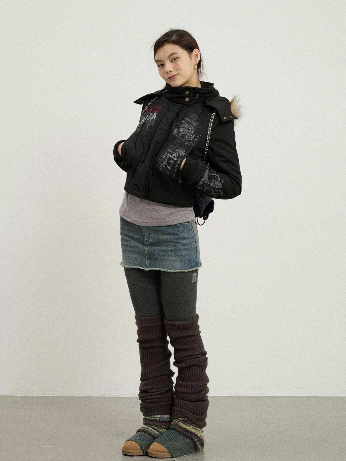 Vintage Han Stone Print Detachable Hood Puffer