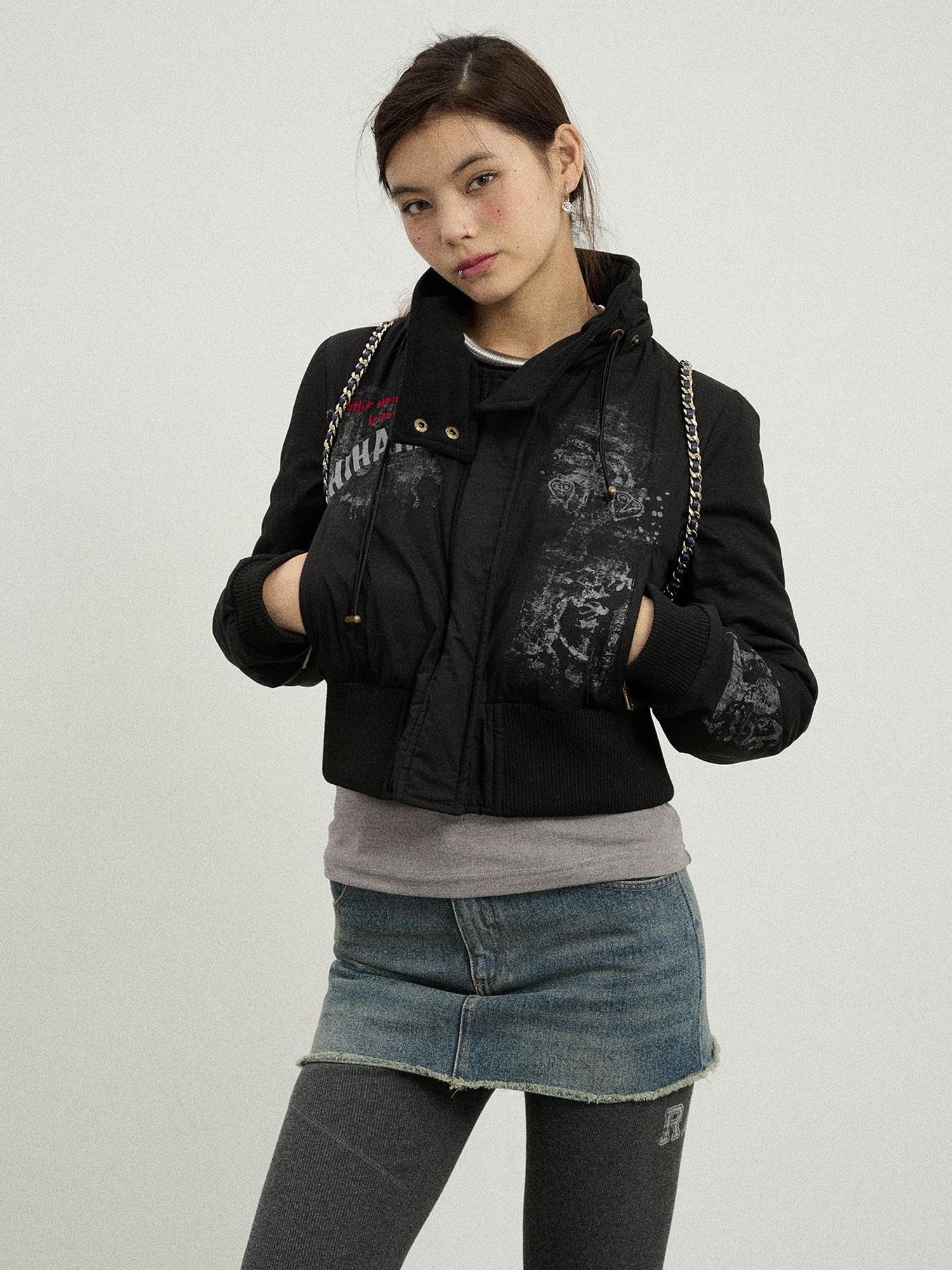 Achihara Vintage Han Stone Print Detachable Hood Puffer