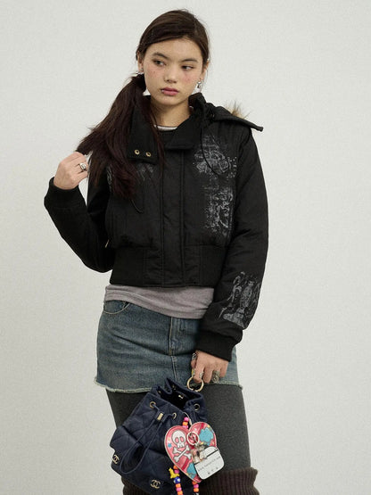 Vintage Han Stone Print Detachable Hood Puffer