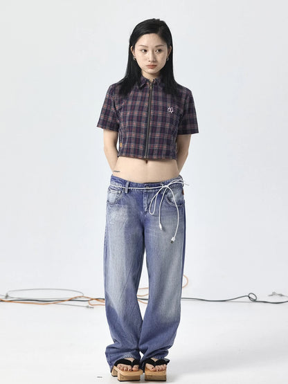 Vintage Plaid Summer Shirt With Blessing Embroidery