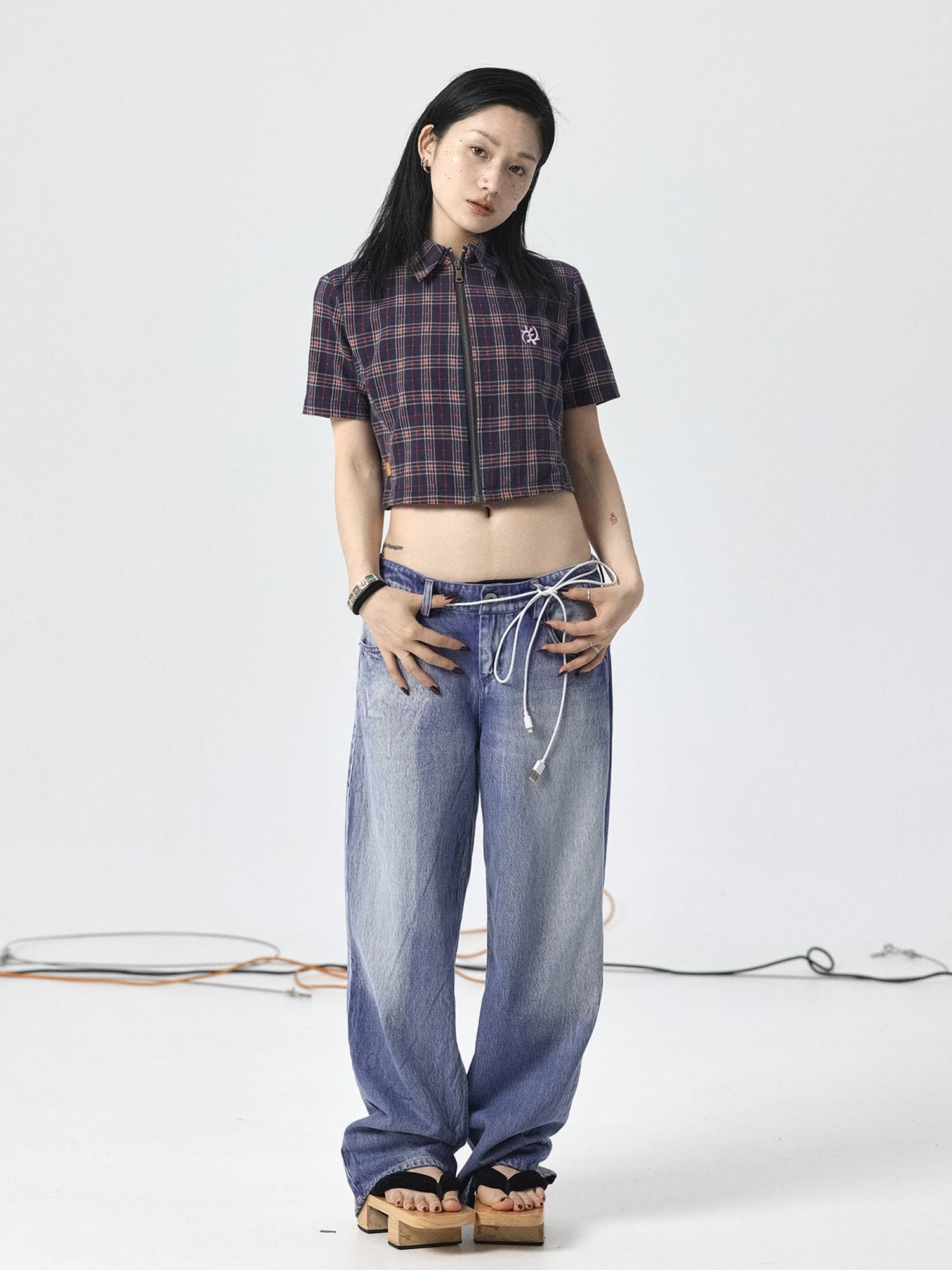 Achihara Vintage Plaid Summer Shirt With Blessing Embroidery