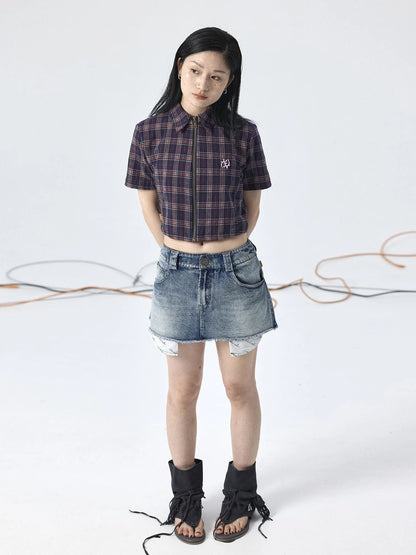 Vintage Plaid Summer Shirt With Blessing Embroidery