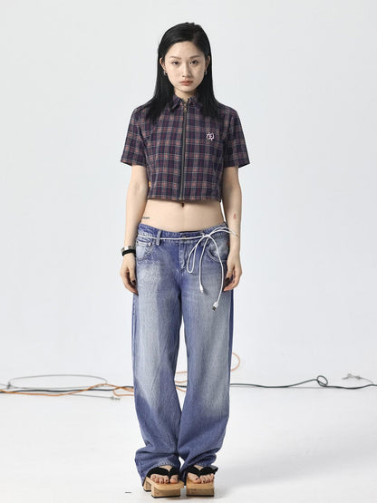 Achihara Vintage Plaid Summer Shirt With Blessing Embroidery