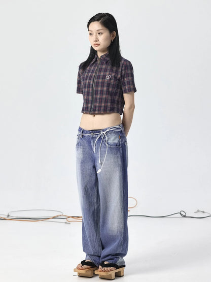 Vintage Plaid Summer Shirt With Blessing Embroidery