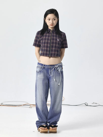 Vintage Plaid Summer Shirt With Blessing Embroidery