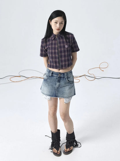 Vintage Plaid Summer Shirt With Blessing Embroidery