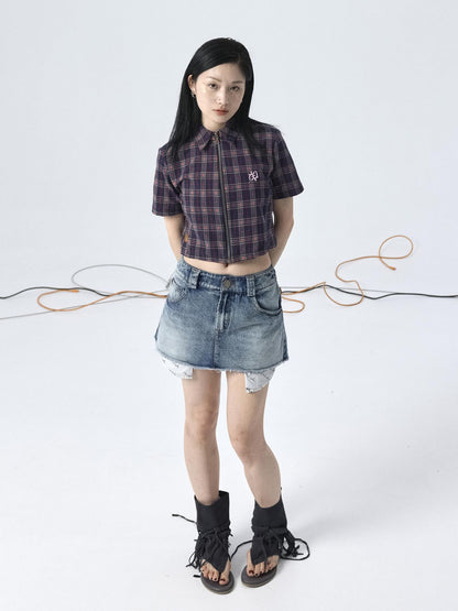Achihara Vintage Plaid Summer Shirt With Blessing Embroidery