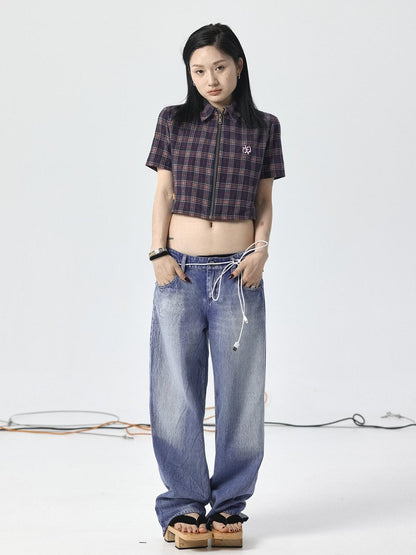 Achihara Vintage Plaid Summer Shirt With Blessing Embroidery