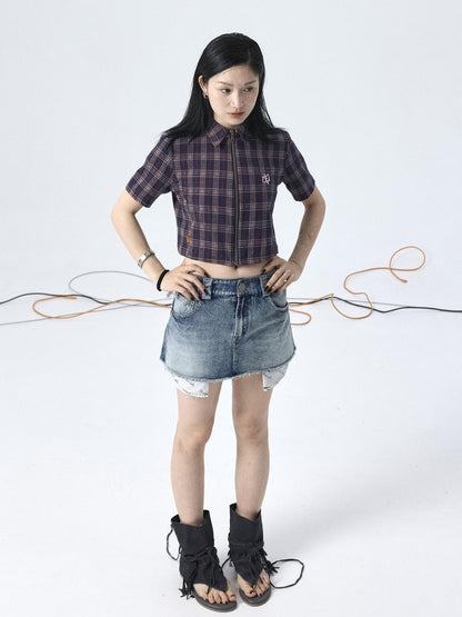 Achihara Vintage Plaid Summer Shirt With Blessing Embroidery