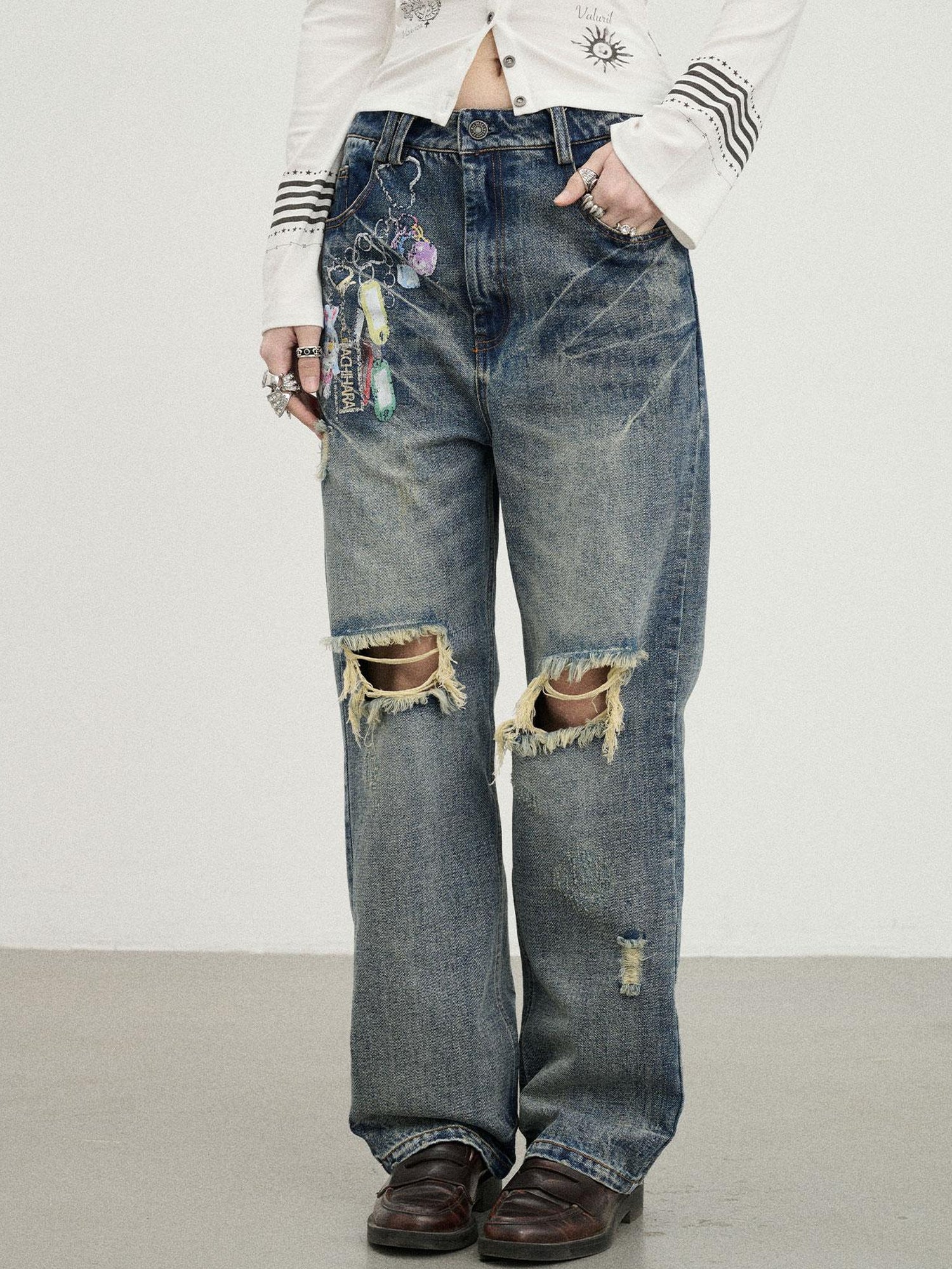 Achihara Vintage Rabbit Chain Denim Pants