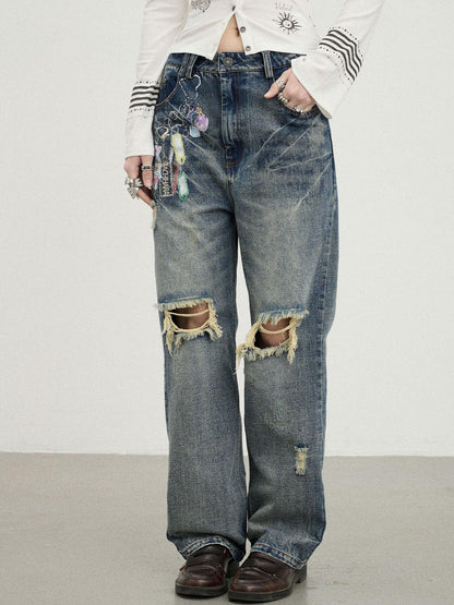 Achihara Vintage Rabbit Chain Denim Pants