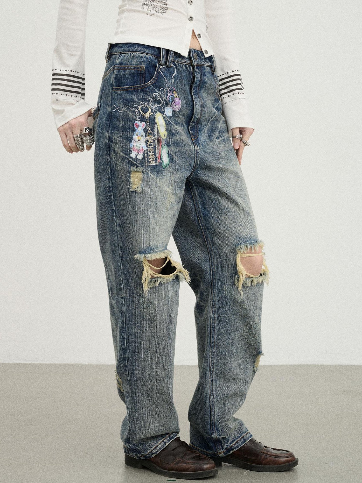 Achihara Vintage Rabbit Chain Denim Pants