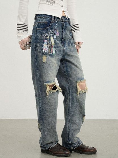 Achihara Vintage Rabbit Chain Denim Pants
