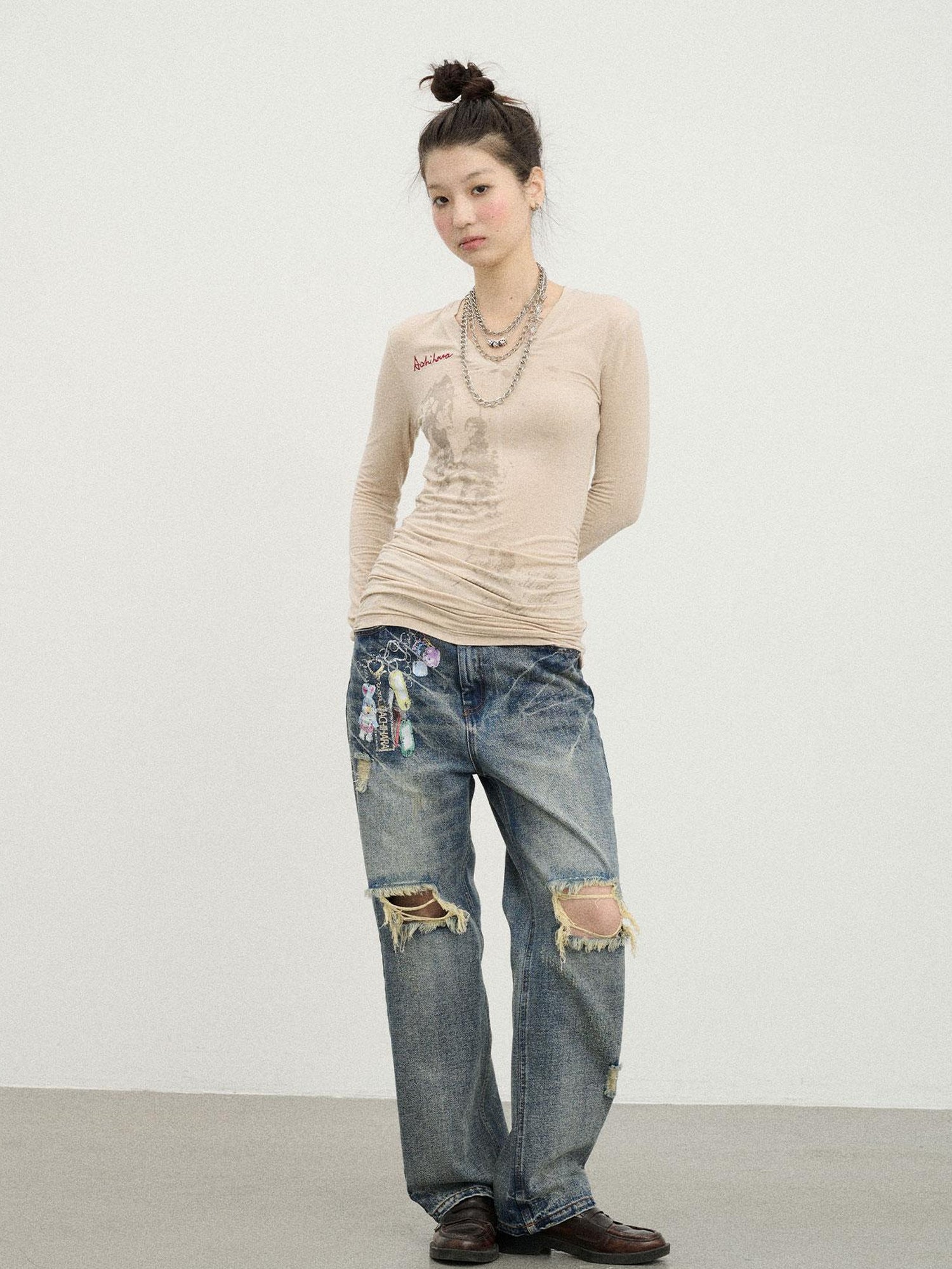 Achihara Vintage Rabbit Chain Denim Pants