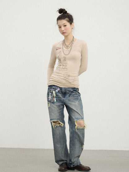 Achihara Vintage Rabbit Chain Denim Pants