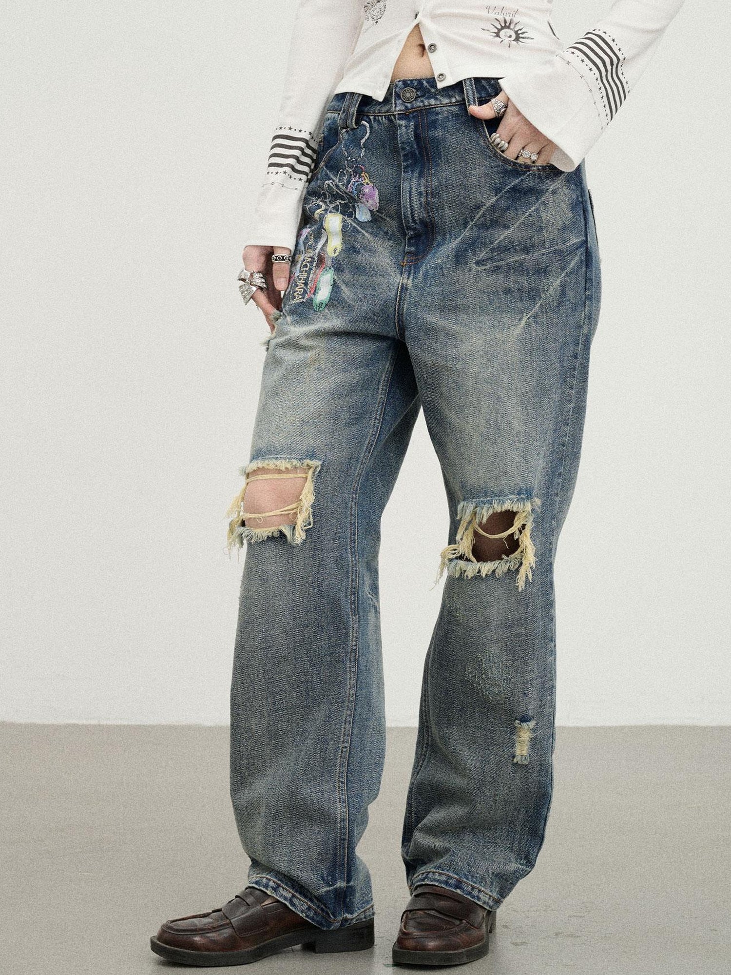 Achihara Vintage Rabbit Chain Denim Pants