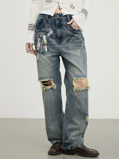 Vintage Rabbit Chain Denim Pants