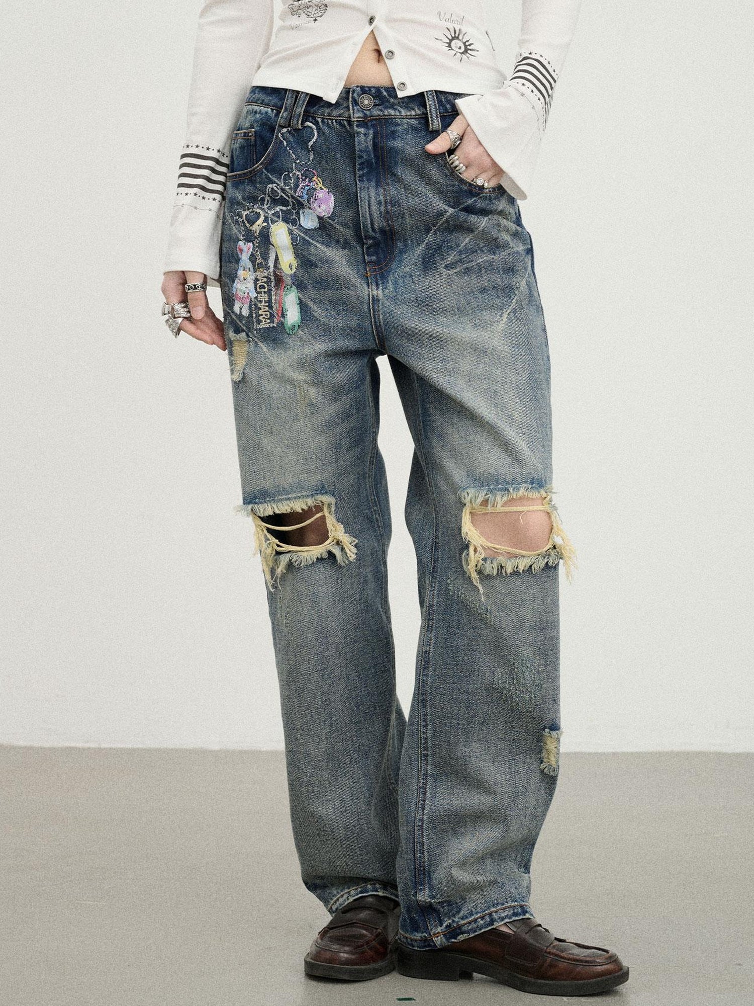 Achihara Vintage Rabbit Chain Denim Pants