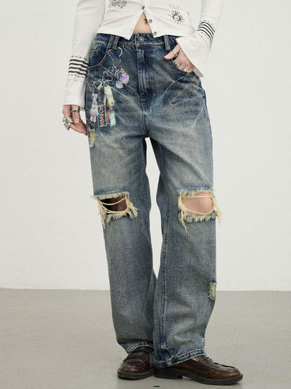 Achihara Vintage Rabbit Chain Denim Pants