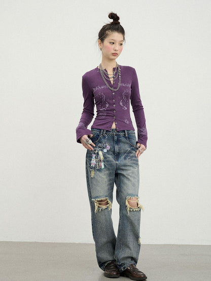 Achihara Vintage Rabbit Chain Denim Pants