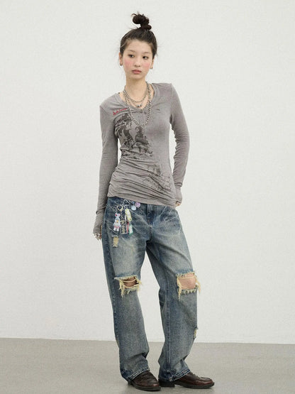 Vintage Rabbit Chain Denim Pants