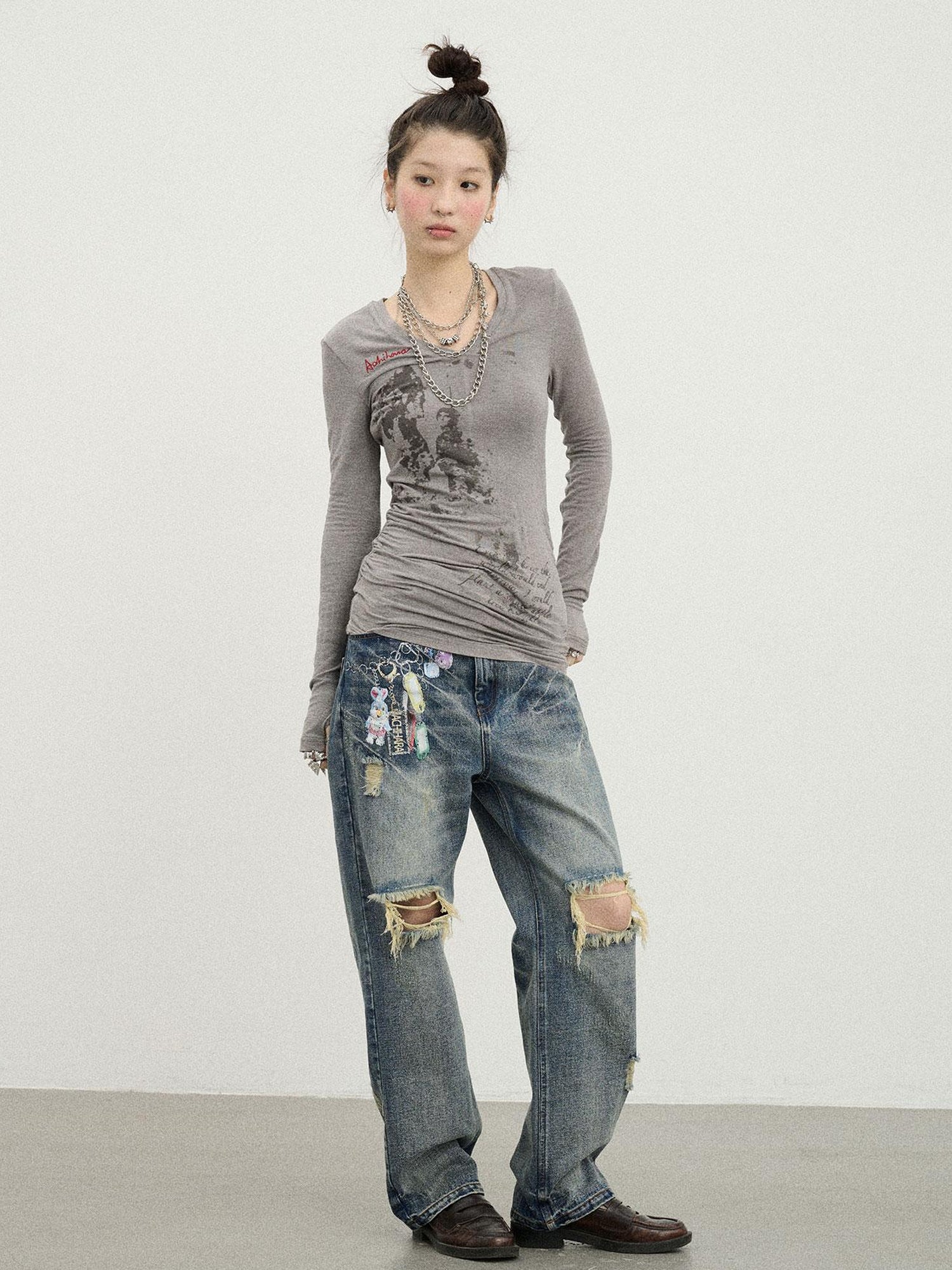Achihara Vintage Rabbit Chain Denim Pants