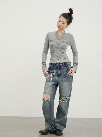 Achihara Vintage Rabbit Chain Denim Pants