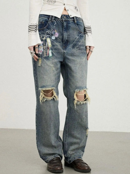 Vintage Rabbit Chain Denim Pants