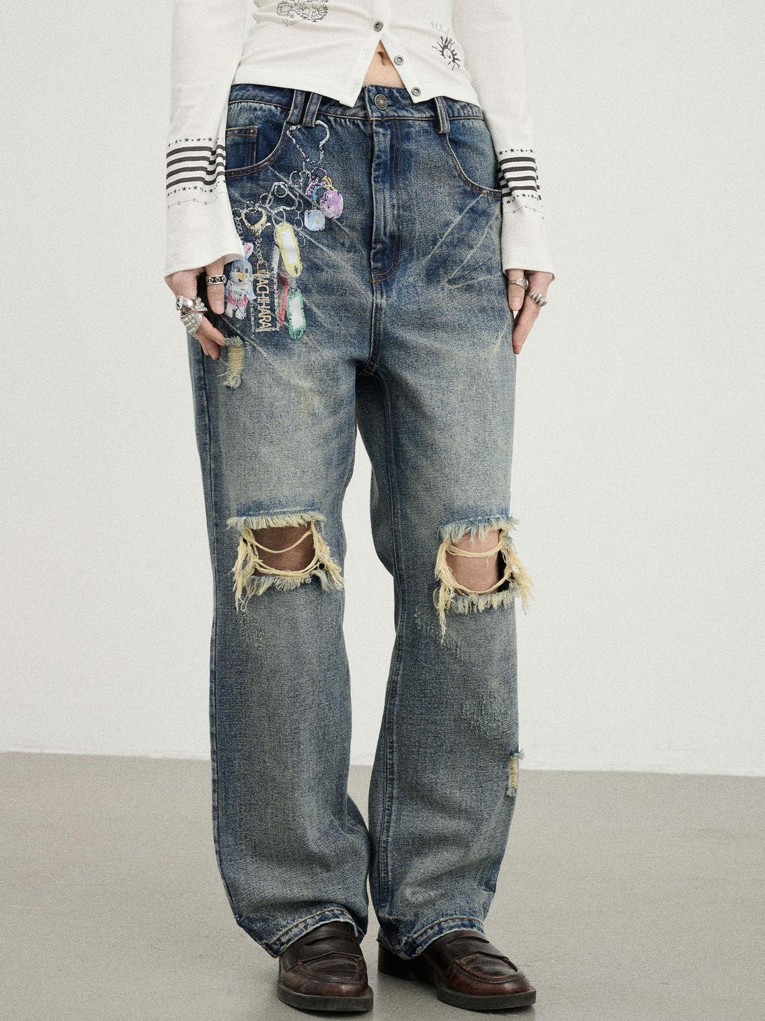 Achihara Vintage Rabbit Chain Denim Pants