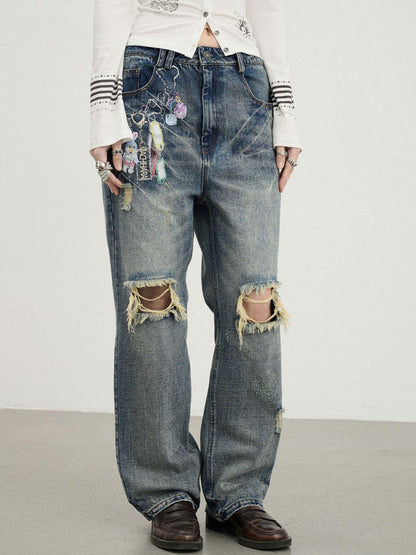 Achihara Vintage Rabbit Chain Denim Pants