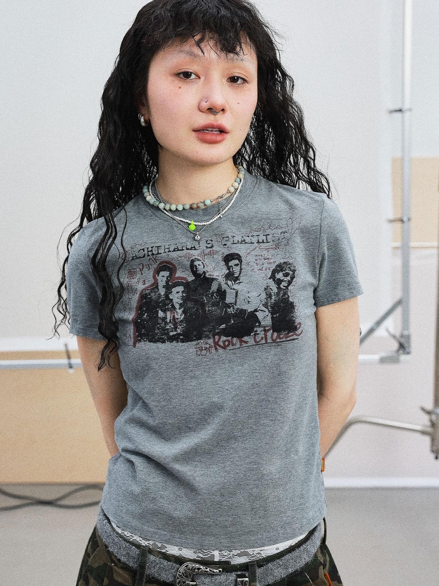 Achihara Vintage Rock Band Graphic Tee Distressed Washed Short Sleeve V Neck T Shirt