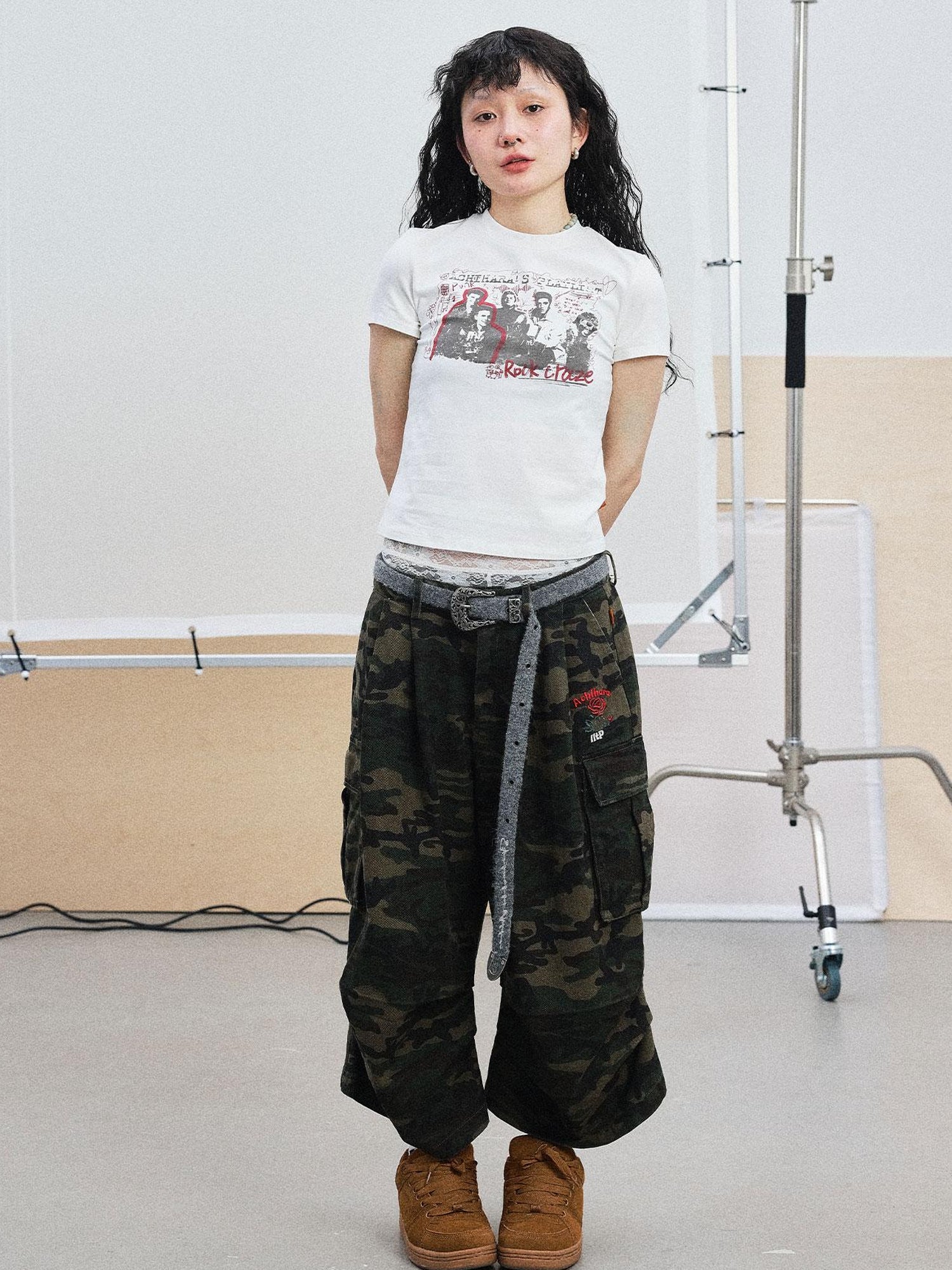 Achihara Vintage Rock Band Graphic Tee Distressed Washed Short Sleeve V Neck T Shirt