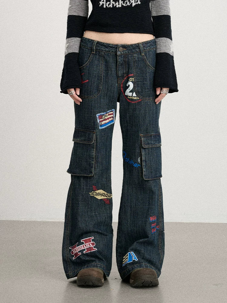 Achihara Vintage Stamp Washed Denim Flare Jeans-1