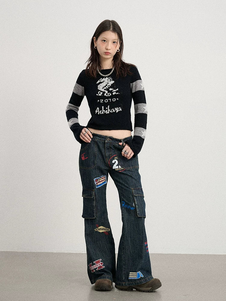 Achihara Vintage Stamp Washed Denim Flare Jeans-2