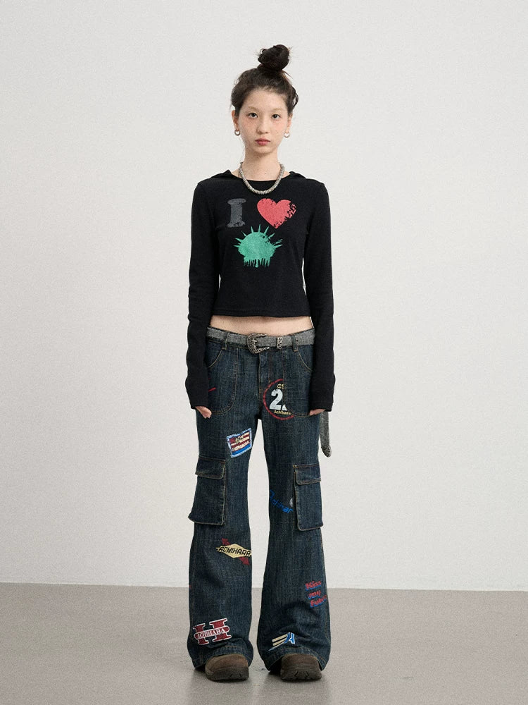 Achihara Vintage Stamp Washed Denim Flare Jeans-3