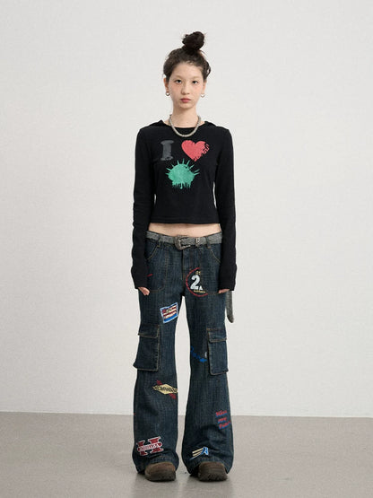 Achihara Vintage Stamp Washed Denim Flare Jeans-3