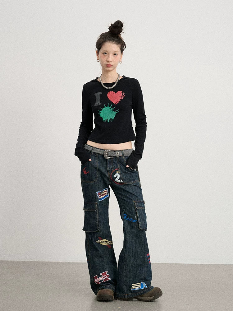 Achihara Vintage Stamp Washed Denim Flare Jeans-4