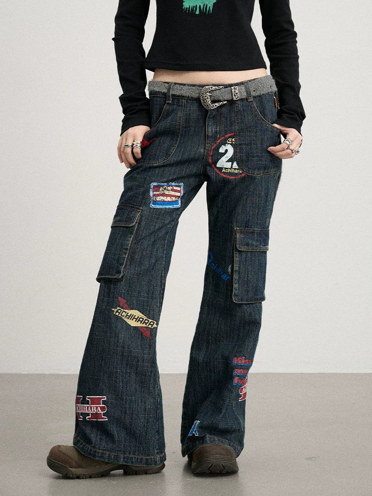 Achihara Vintage Stamp Washed Denim Flare Jeans-5