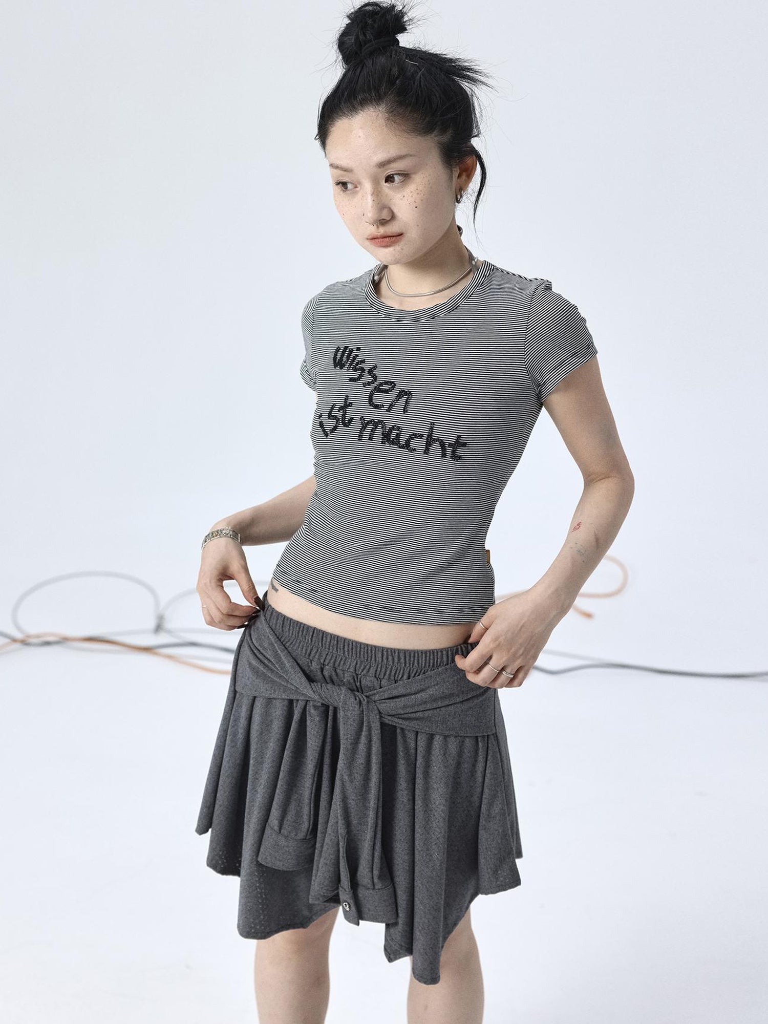 Achihara Vintage Striped Cylindrical Bead Embroidered Tee