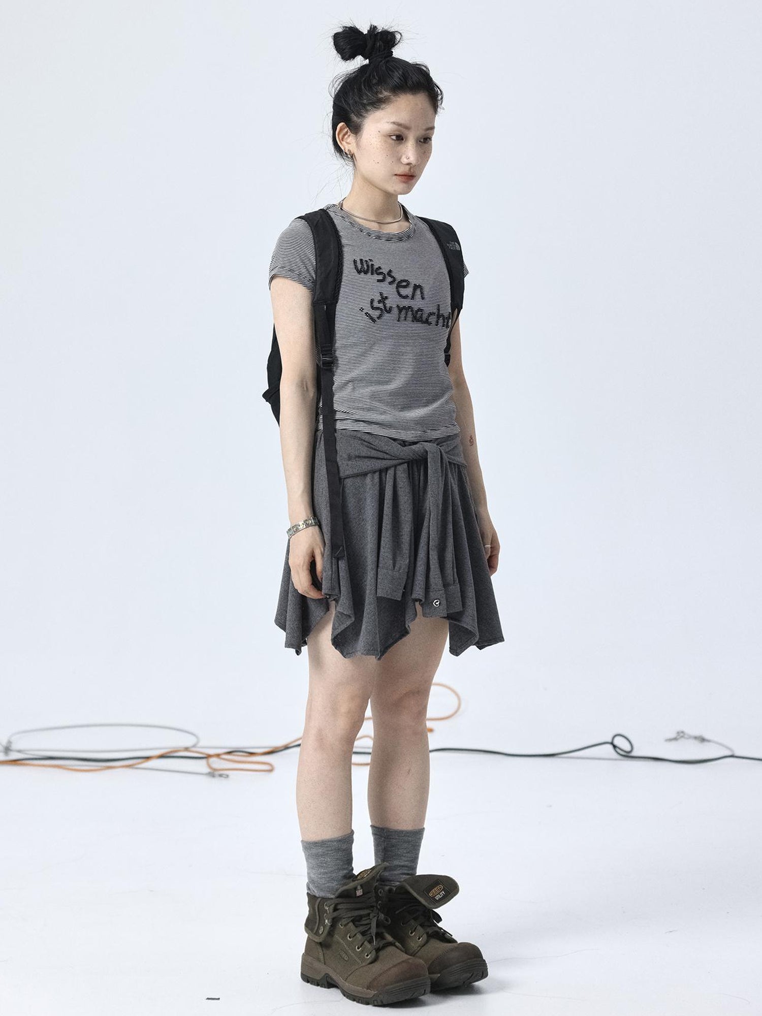 Achihara Vintage Striped Cylindrical Bead Embroidered Tee