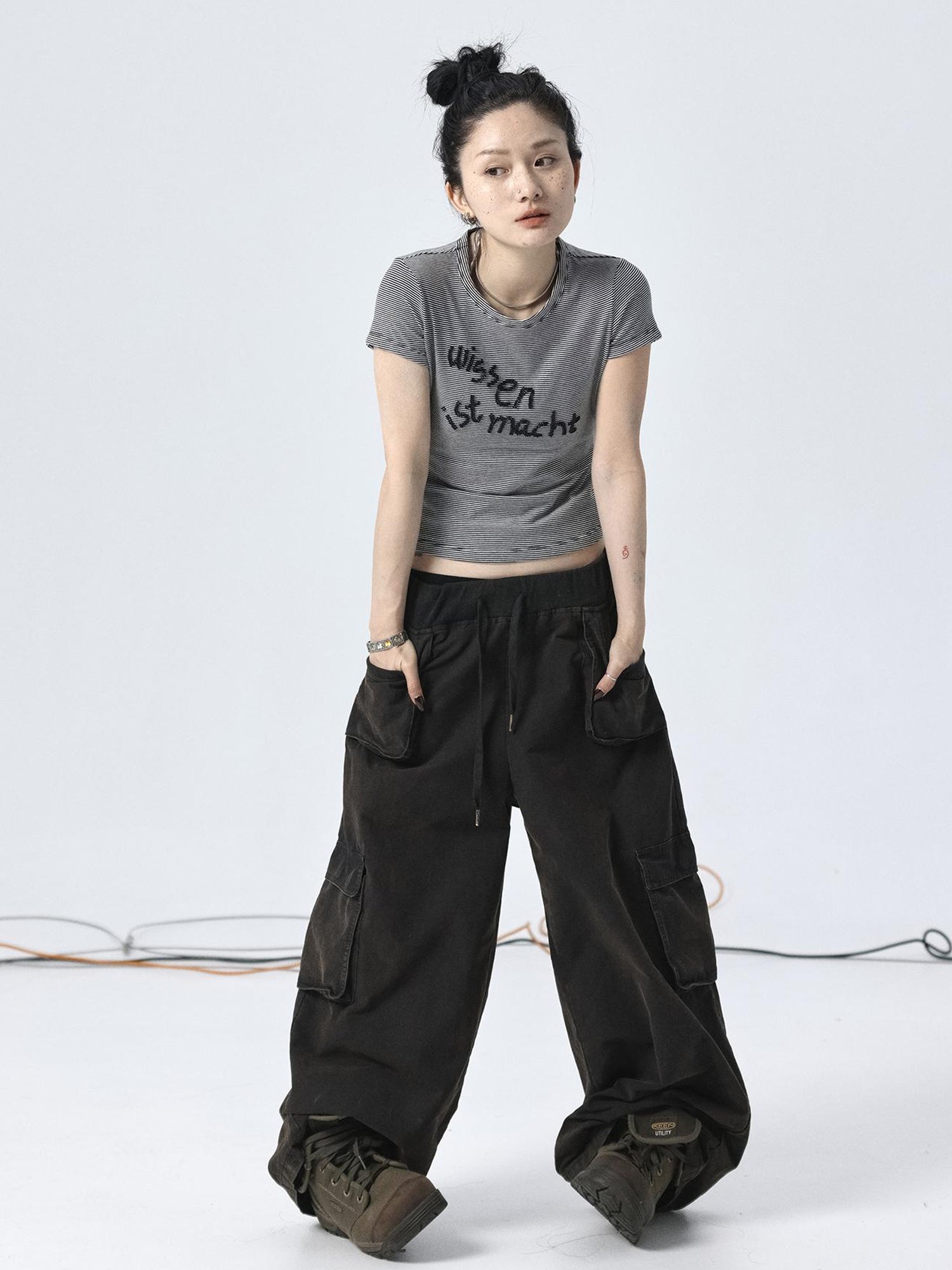 Achihara Vintage Striped Cylindrical Bead Embroidered Tee