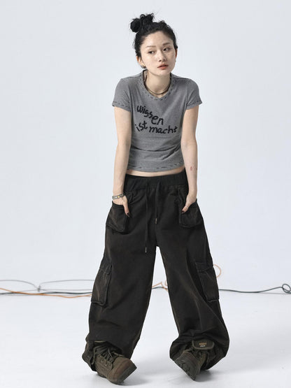 Achihara Vintage Striped Cylindrical Bead Embroidered Tee